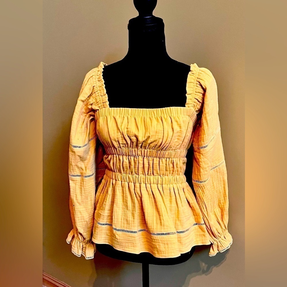 Endless Rose Mustard Yellow Smocked Peplum Peasant Blouse Boho NWOT Size Small